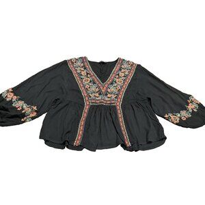 American Eagle Embroidered Peasant Top Medium Floral Boho Flowy Artsy Hippie